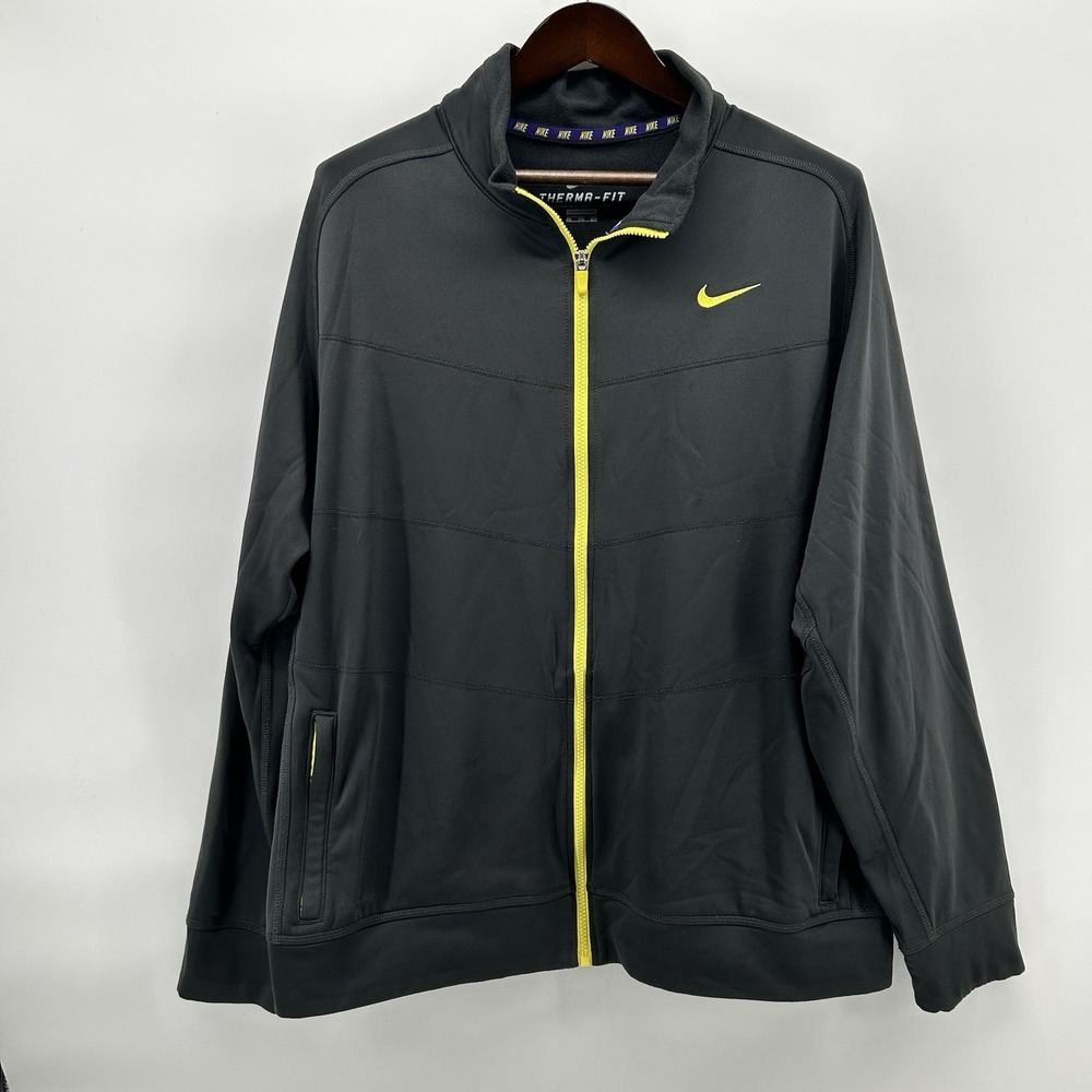 Nike Therma-FIT Mens 2XL Gray Full Zip Fleece Jacket Volt Swoosh Athletic Sporty